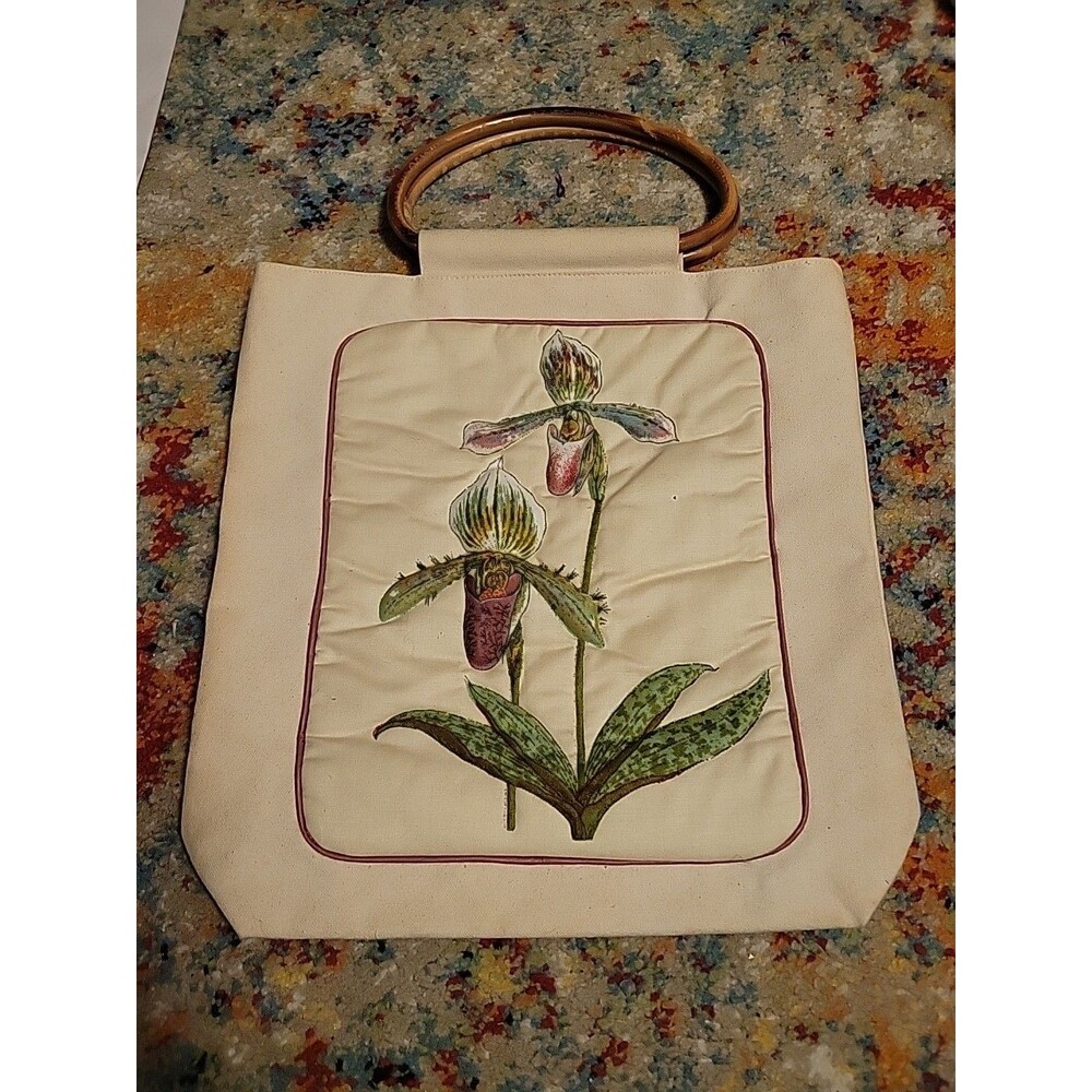 Heirloom Designs Orchid Tote Quilted Wooden Handles Lookout Mountain TN Vtg